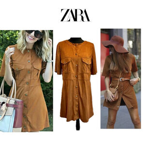 Zara Camel Brown faux suede short sleeve button front mini dress L